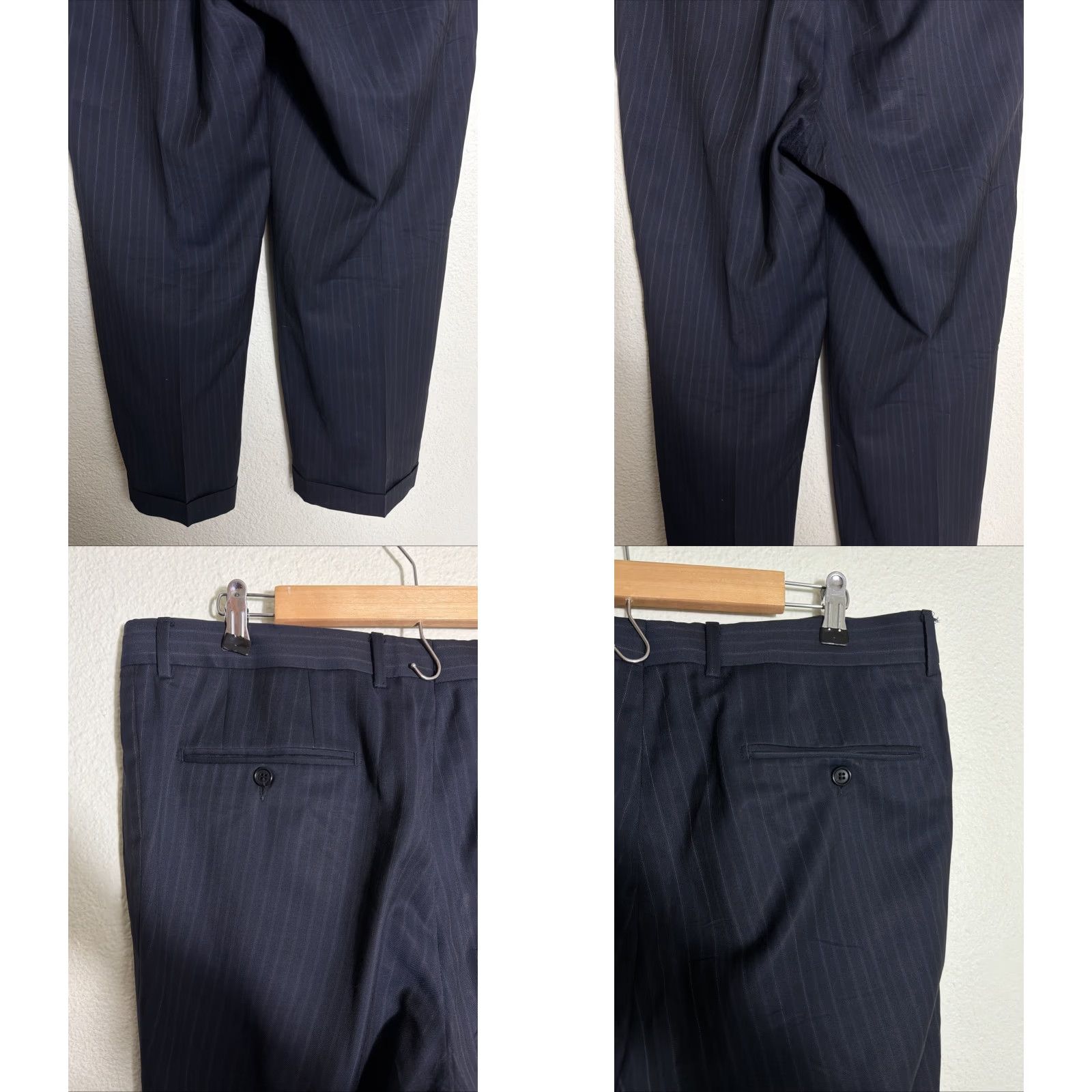 Vintage Hugo BOSS Wool Pleated Pants Mens 36x28 Black Blue Pinstripe Cuff Dress Pants Size US 36 / EU 52 - 9 Thumbnail