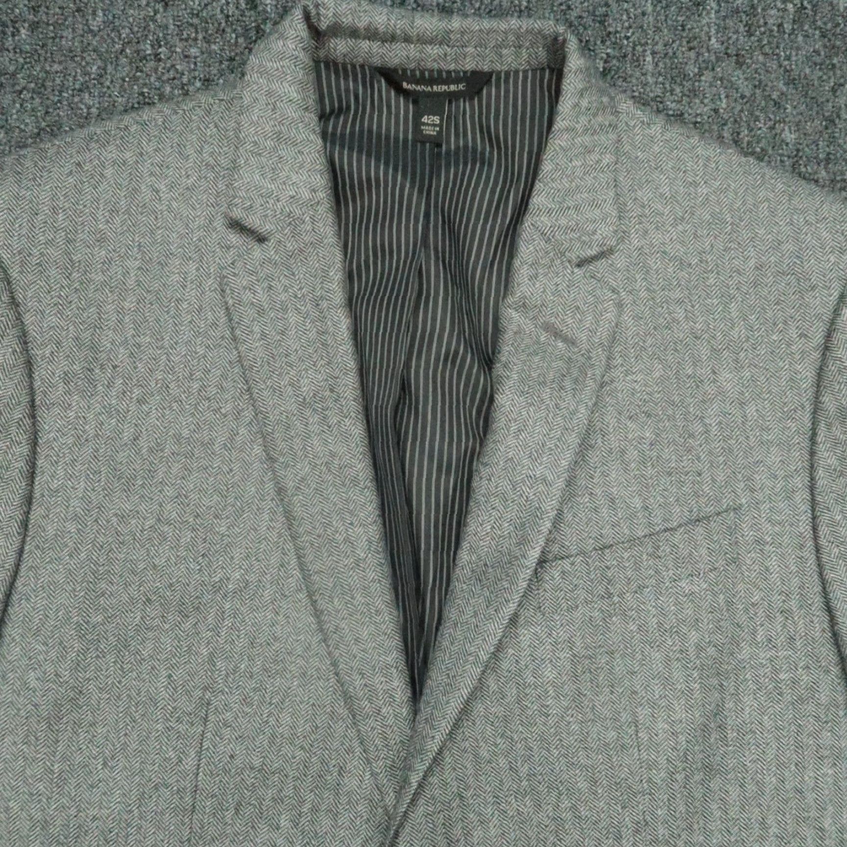 Banana Republic Banana Republic Blazer Men 42S Gray Herringbone Slim Wool Two-Button Notch Lapel Vintage No Size 42R - 2 Thumbnail
