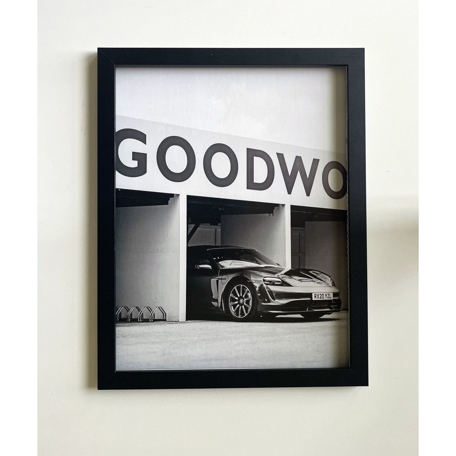 Porsche car on track black/white photo Poster framed 9x11