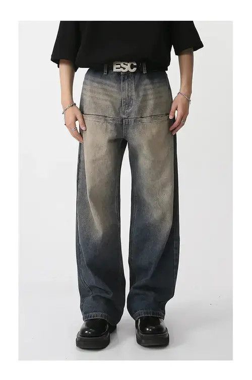 Washed Jeans Front Pockets Loose Straight