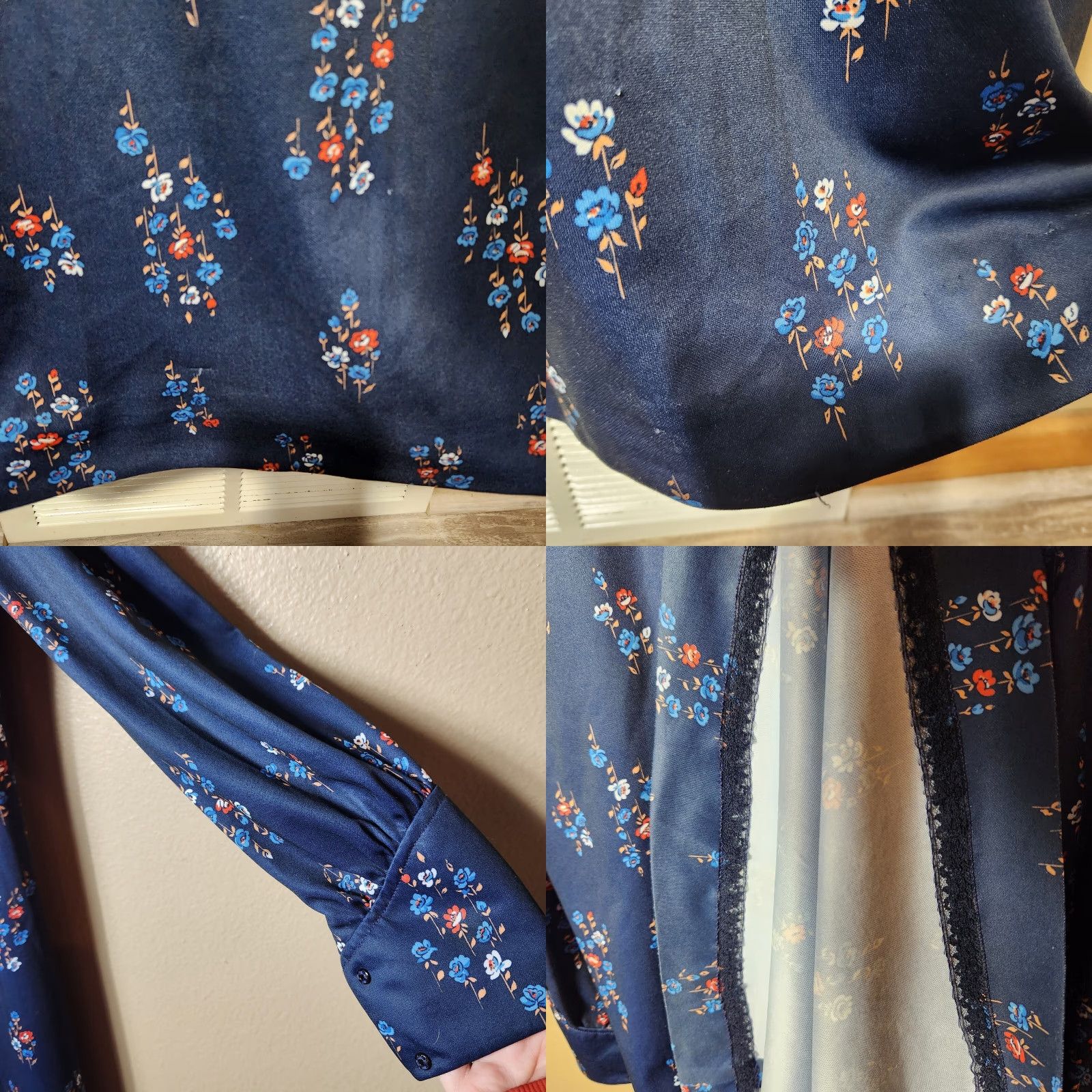 Vintage VINTAGE 70s Boho Maxi Dress Navy Floral Long Sleeve Elongated Peter Pan Collar Size L Size L / US 10 / IT 46 - 8 Thumbnail
