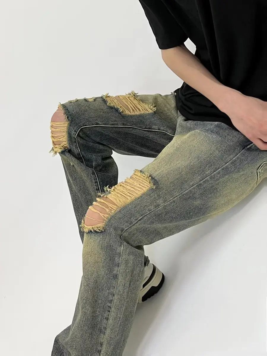 Japanese Brand Loose straight leg washed ripped jeans Size US 32 / EU 48 - 3 Thumbnail