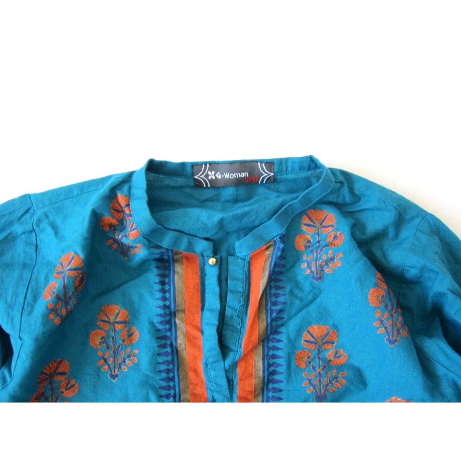 Vintage VINTAGE G-Woman Kurta Dress S/10 100% Cotton Turquoise Green Orange Floral Long Sleeve DressS/10 Size S / US 4 / IT 40 - 3 Thumbnail