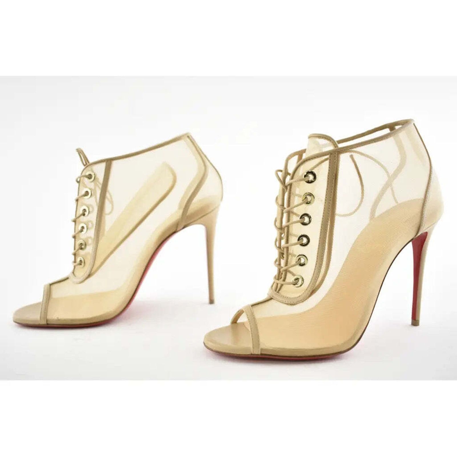 Christian Louboutin Open Ondessa 100 Nude Mesh Lace Up Tie Ankle Heel Bootie 40 Size US 10 / IT 40 - 8 Thumbnail