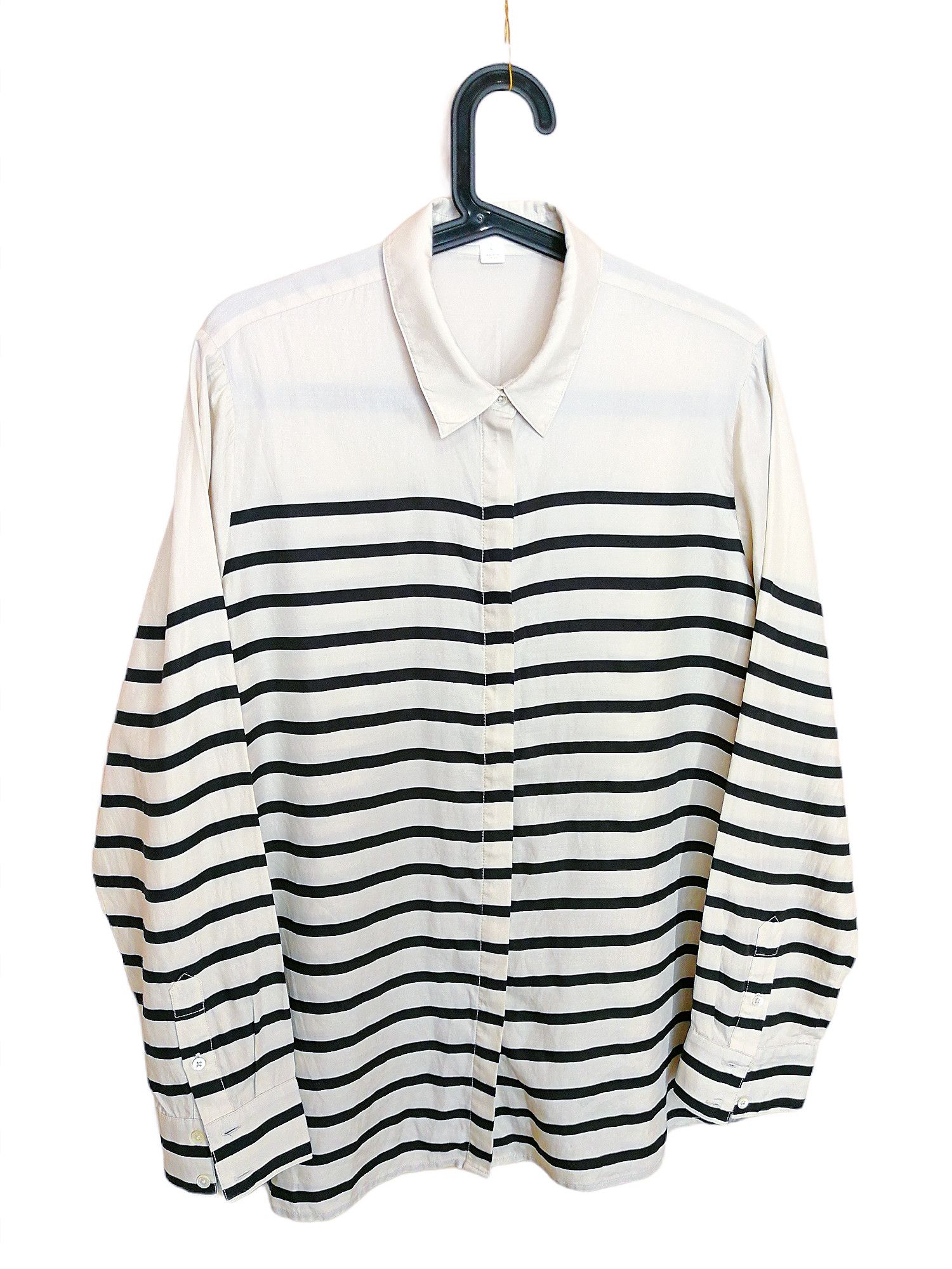 Designer × SikSilk Trenery Shirt Blouse Silk & Cotton White & Black Striped Size L / US 10 / IT 46 - 8 Thumbnail
