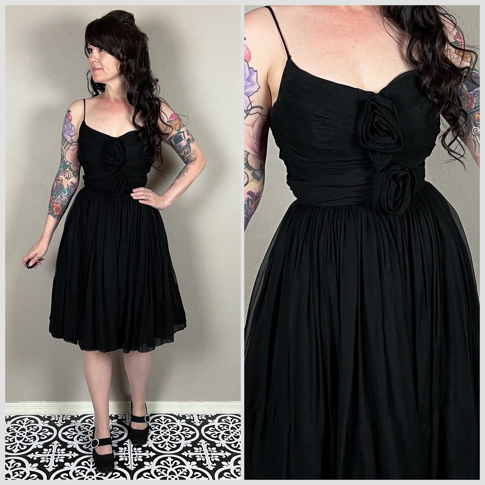 Vintage 1950s Black Silk Chiffon Fit and Flare Party Dress