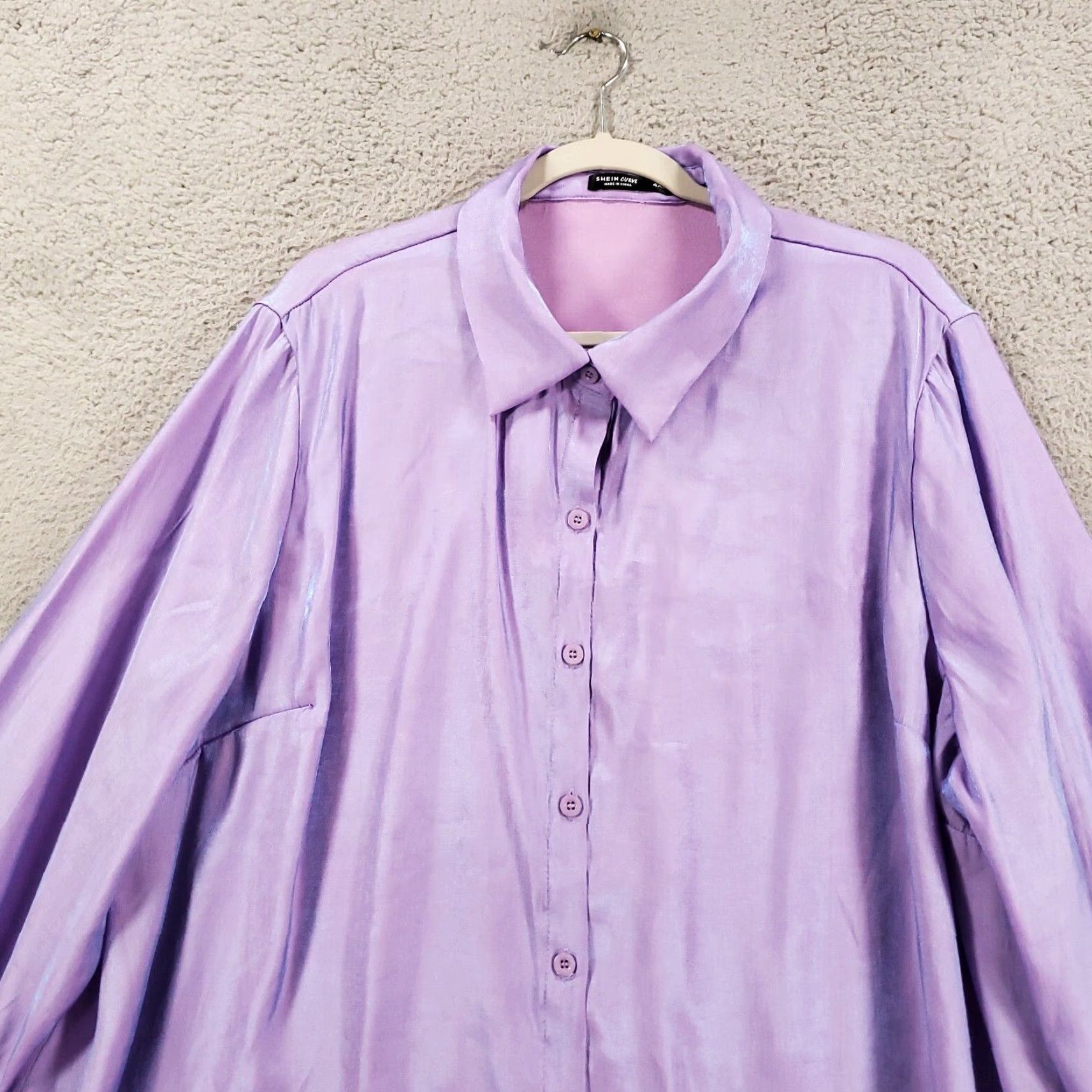Shein SheIn Curve Blouse 4XL Womens Tunic Lavender Iridescent Button Up Collared Long Sleeve Classic/Fitted Sleeve Polyester, Viscose Purple 4XL Plus Size Size XXL / US 16-18 / IT 52-54 - 5 Thumbnail