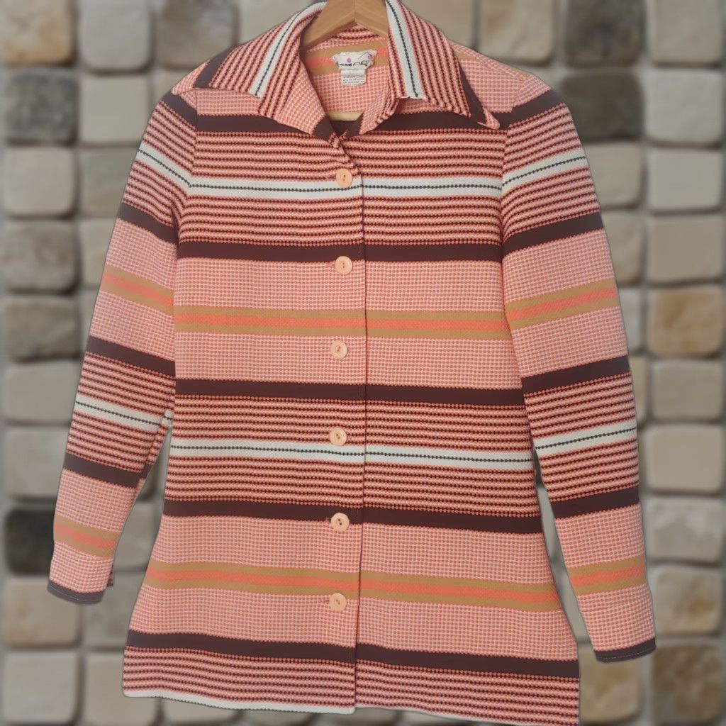 Pinko VINTAGE Trissi Blouse Shirt Long Sleeve Pink Stripe Polyester 70s Disco Women S Small Regular Brown White Collared Button 1970s Size S / US 4 / IT 40 - 1 Thumbnail
