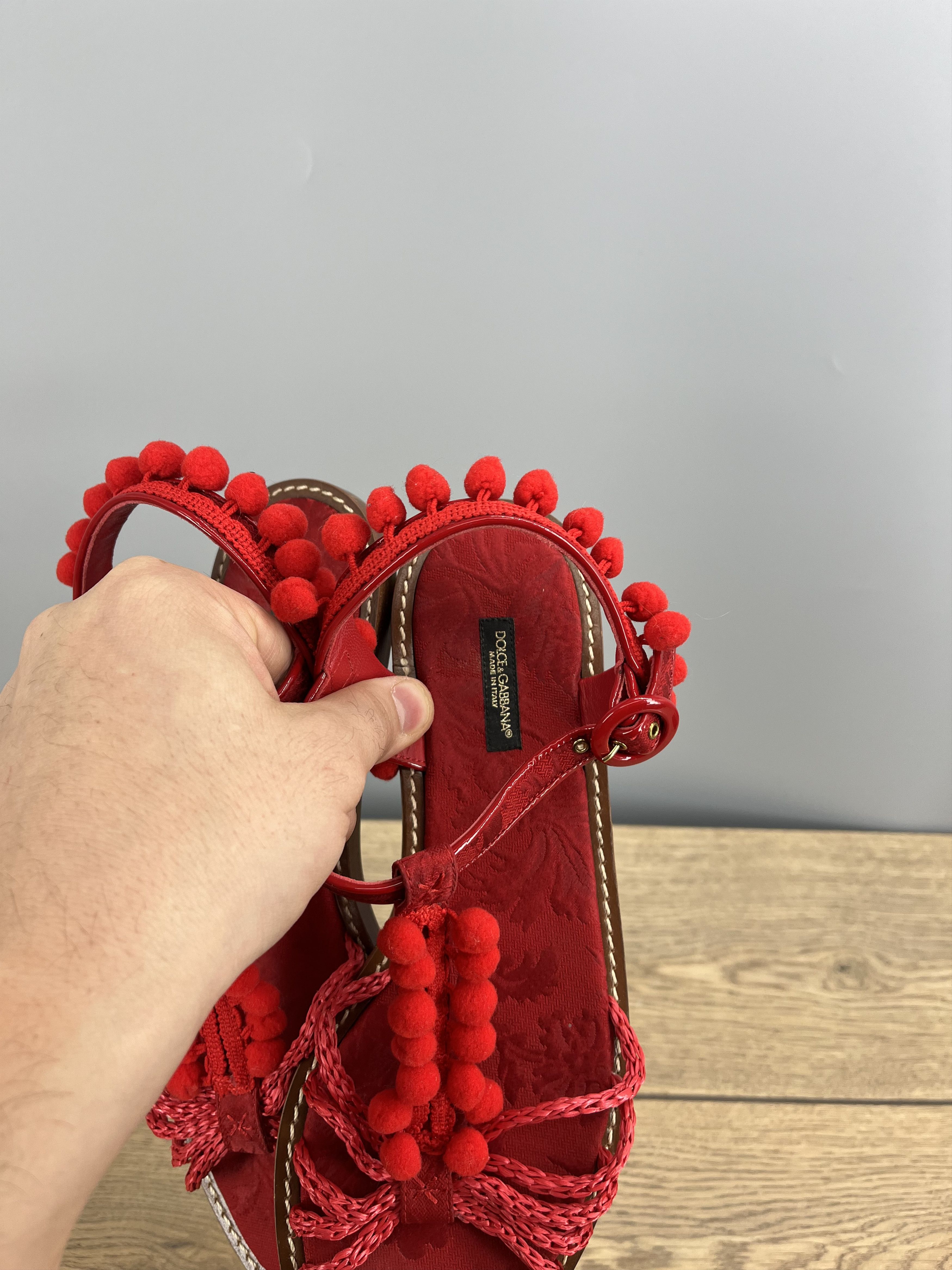 Dolce & Gabbana Vintage Dolce & Gabbana Red Leather Sandals Pom Pom Size US 9 / IT 39 - 6 Thumbnail