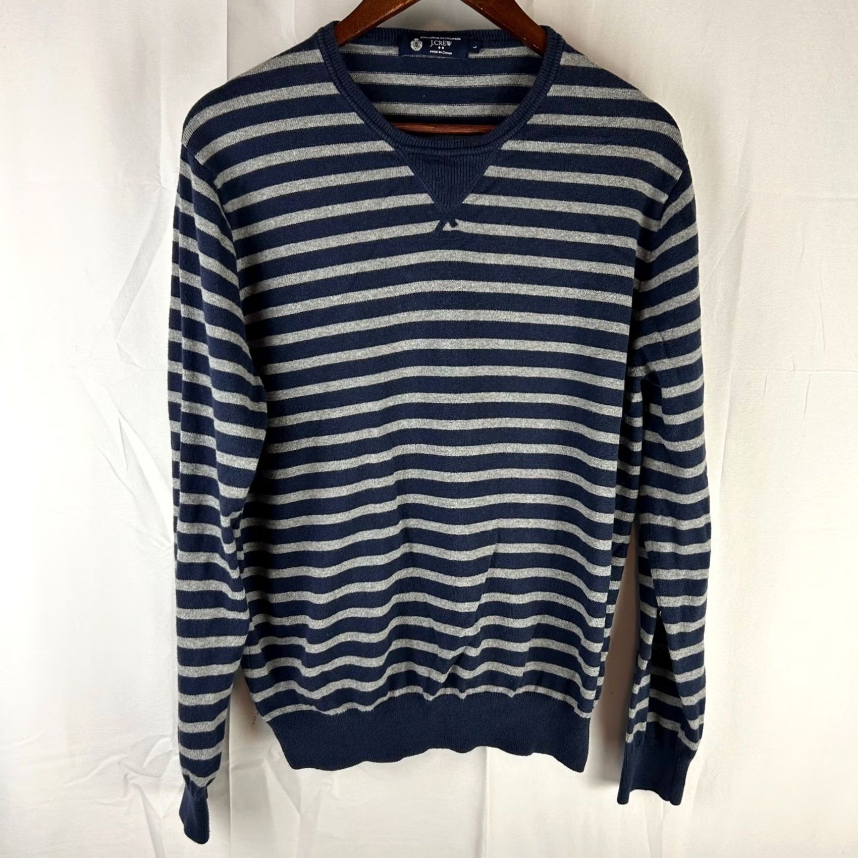 J.Crew J. Crew Mens Striped Crewneck Sweater Cotton Cashmere Navy Grey Size L Size US L / EU 52-54 / 3 - 2 Thumbnail