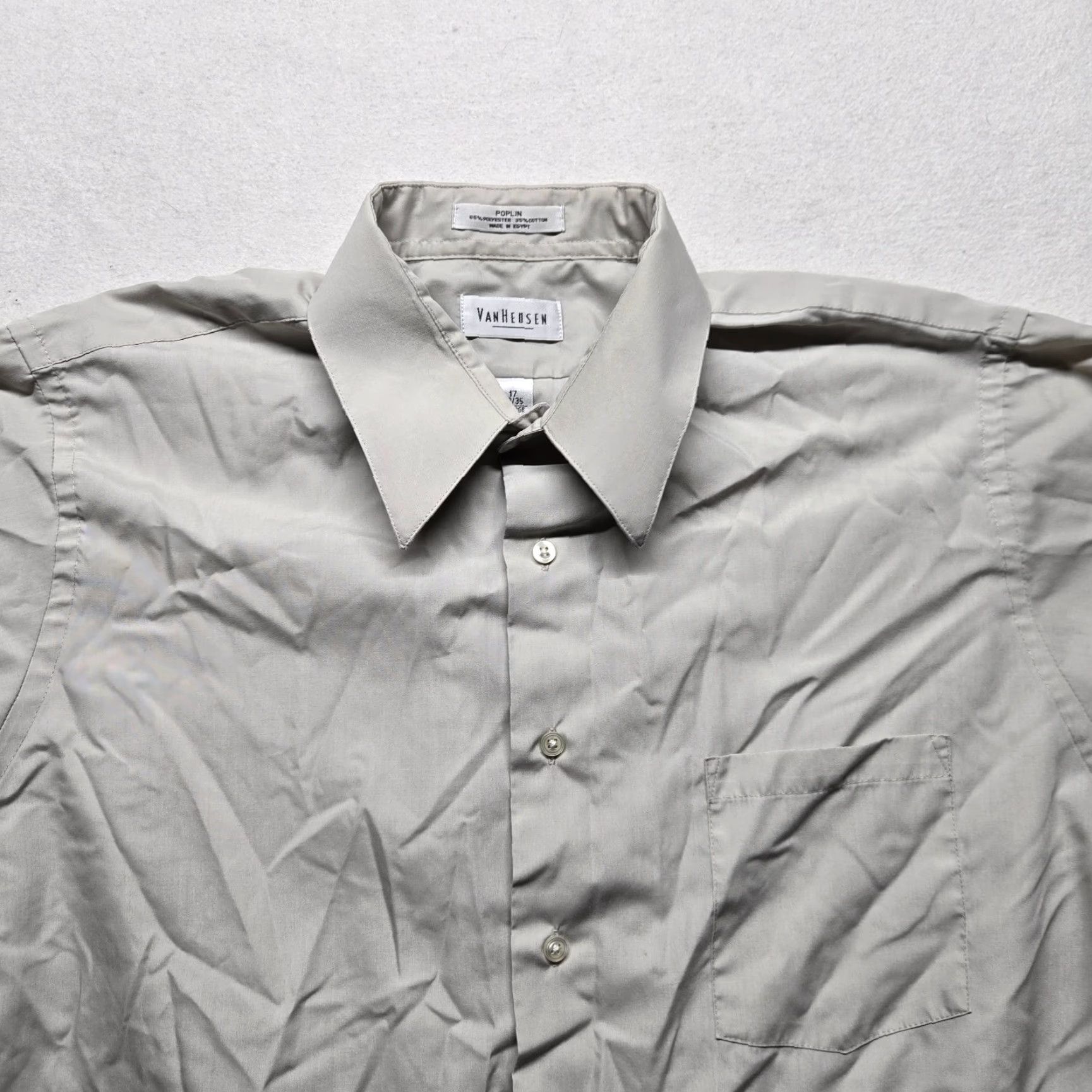 Van Heusen VAN HEUSEN Dress Shirt Mens 17 Beige Military Poplin Button Up Shirt Size 46R - 2 Thumbnail