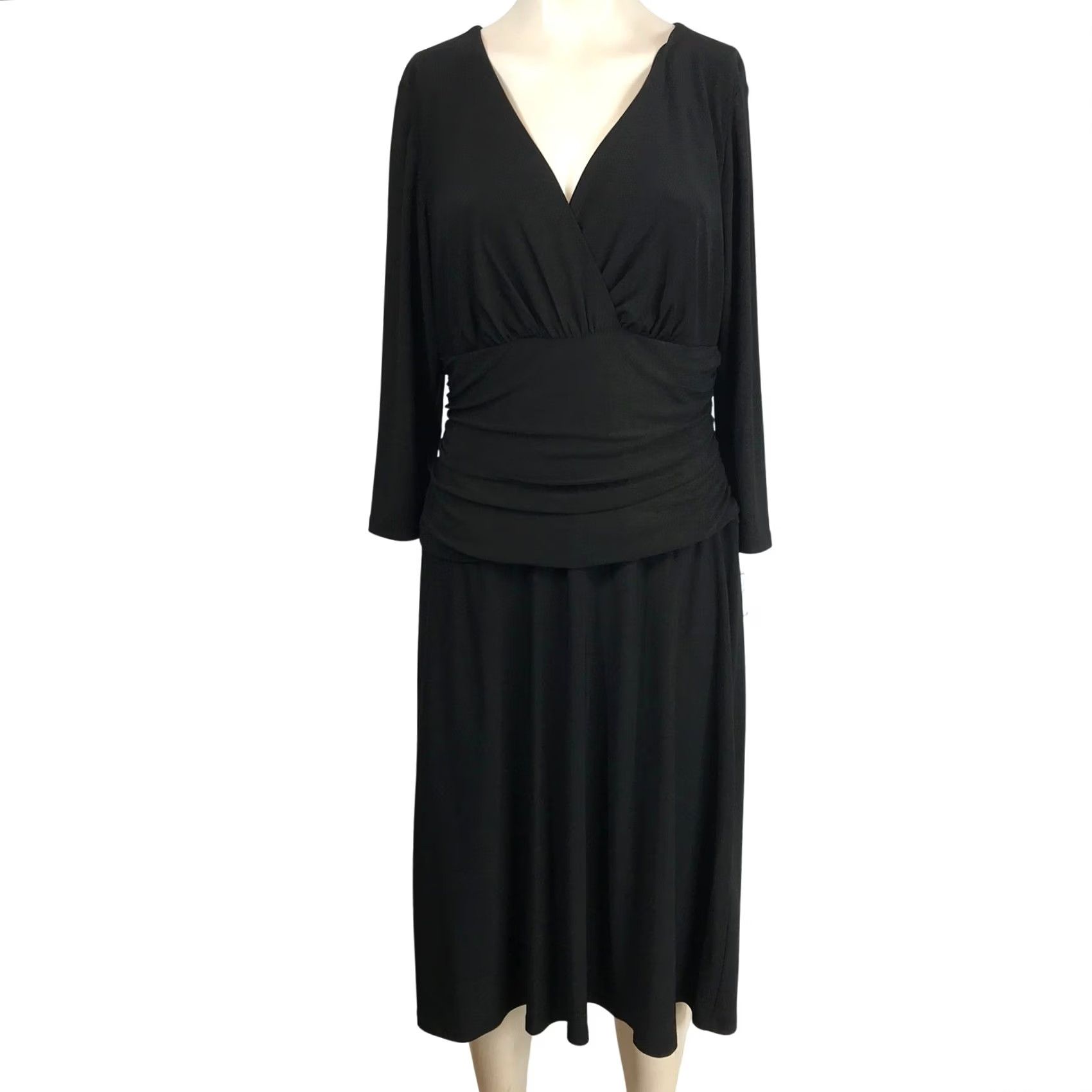 Nine West Nine West Midi Dress Size 12 Black V Neck Long Sleeve Ruched Size XL / US 12-14 / IT 48-50 - 2 Thumbnail
