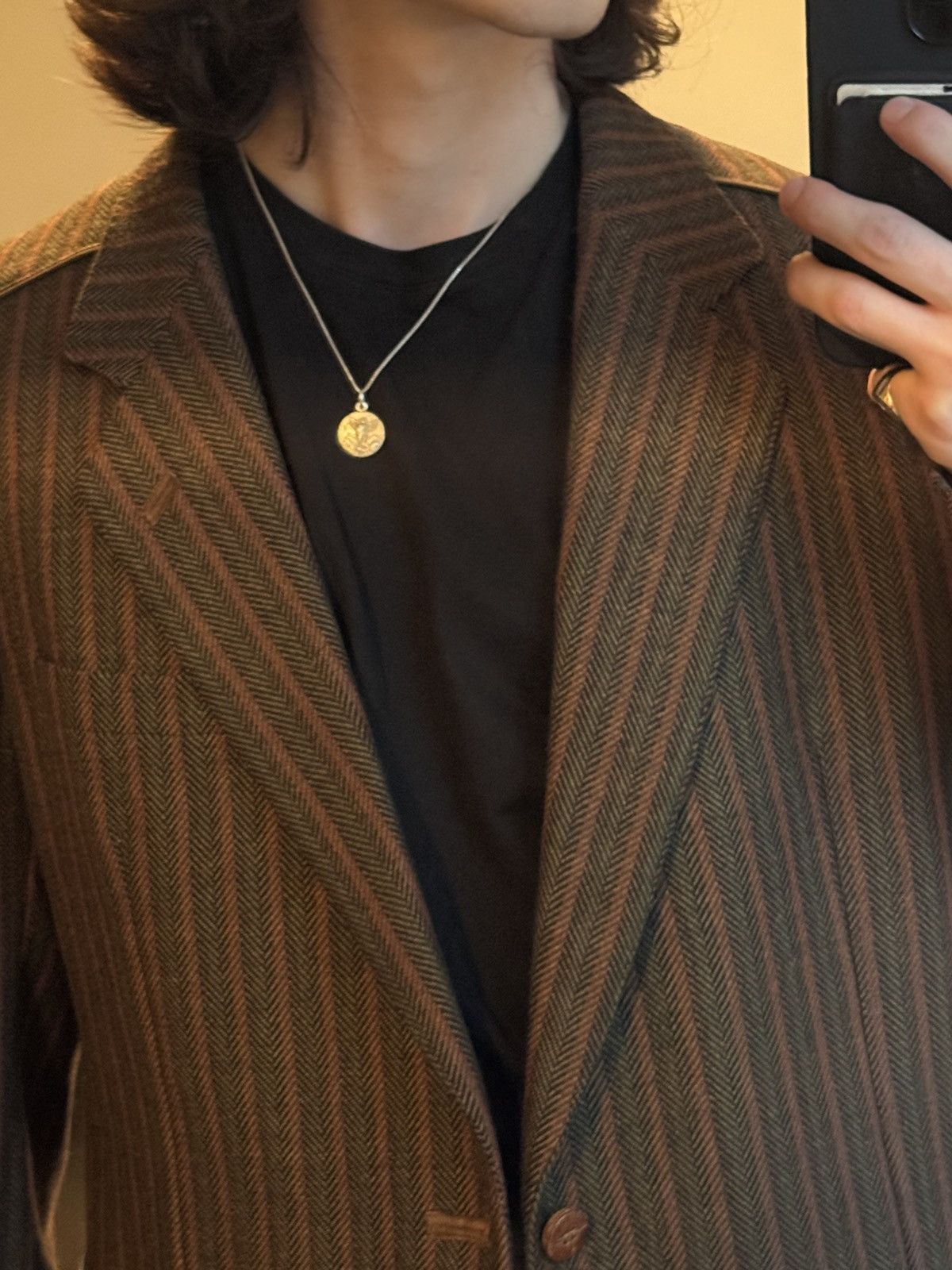 Yves Saint Laurent Vintage YSL Blazer Brown Herringbone Wool Leather Buttons IT Size 44S - 2 Thumbnail