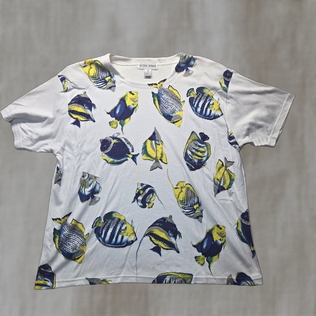 Vintage VINTAGE Victoria Jones Shirt Adult 2X White Beaded Fish Women's Plus Size 2X - Fish Theme, Beaded Accents, Crew Neck Size XXL / US 16-18 / IT 52-54 - 1 Thumbnail