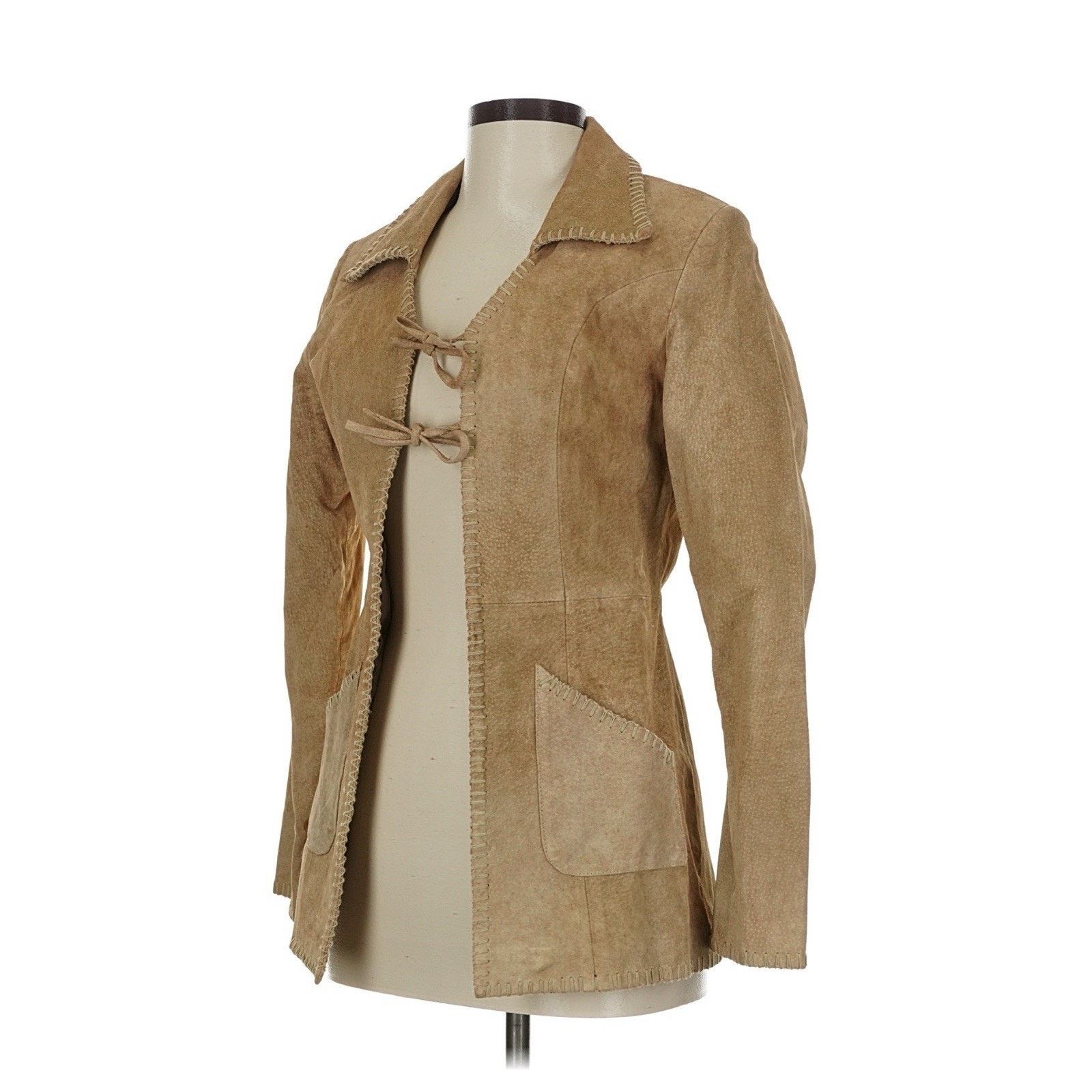 VTG Blue Asphalt suede Leather Tan Jacket Tie Front y2k M