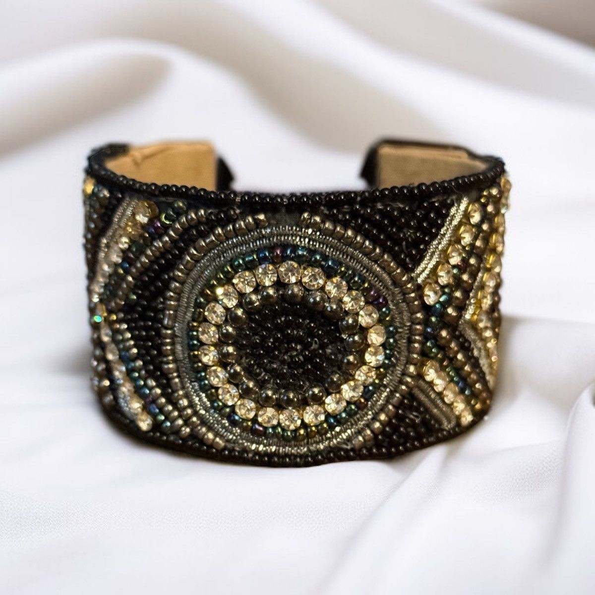 Other Handmade black and gold beaded rhinestone wide cuff bracelet Size ONE SIZE - 1 Thumbnail