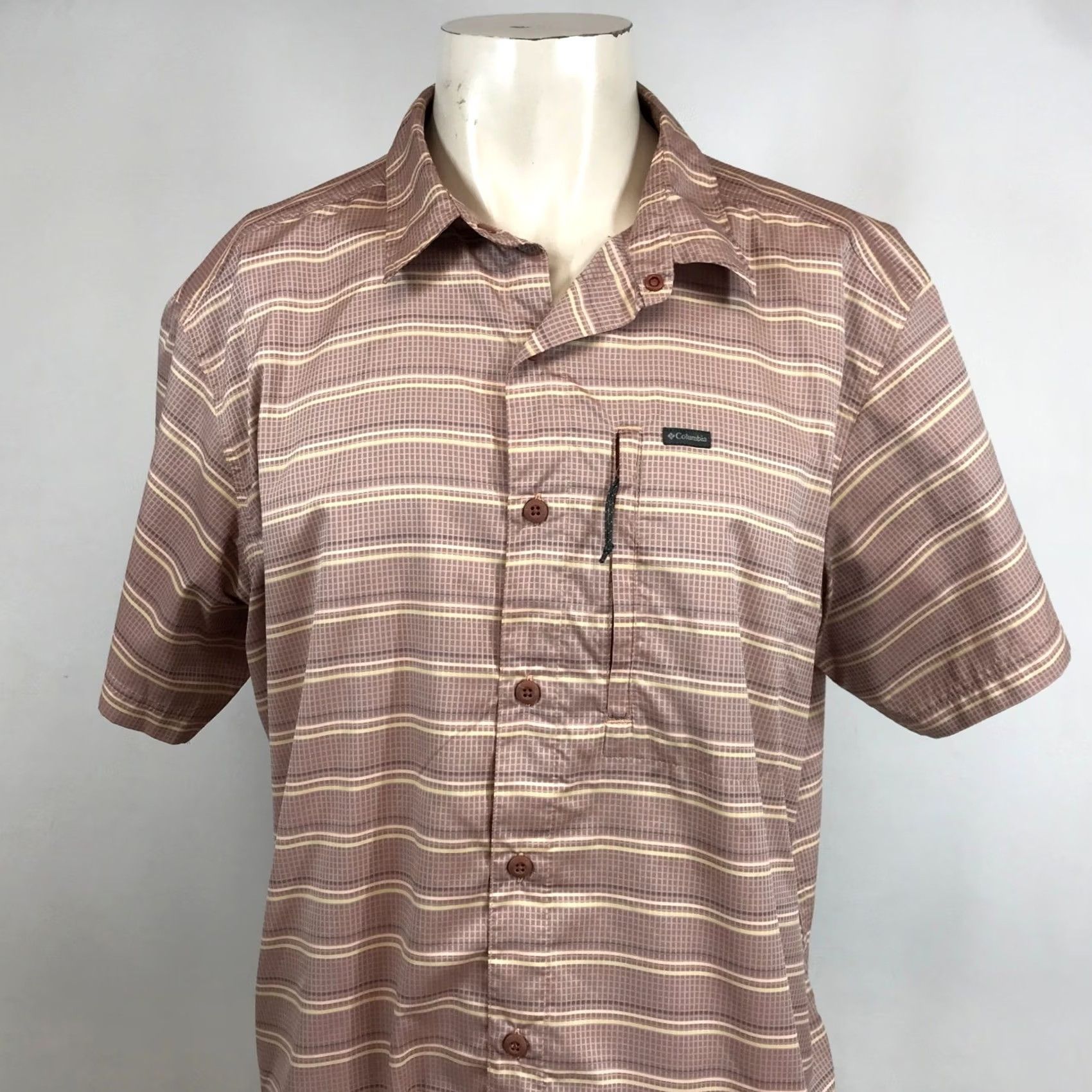 Vintage Columbia Mens XL Short Sleeve Button Up Shirt Brown Striped Outdoor Size US XL / EU 56 / 4 - 2 Thumbnail