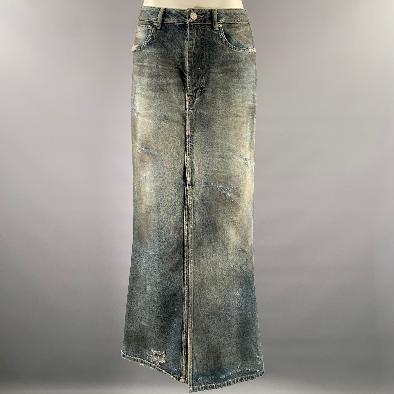 Balenciaga BALENCIAGA Size 2 Blue Mud Wash Cotton Denim Maxi Skirt Size 26" / US 2 / IT 38 - 2 Thumbnail