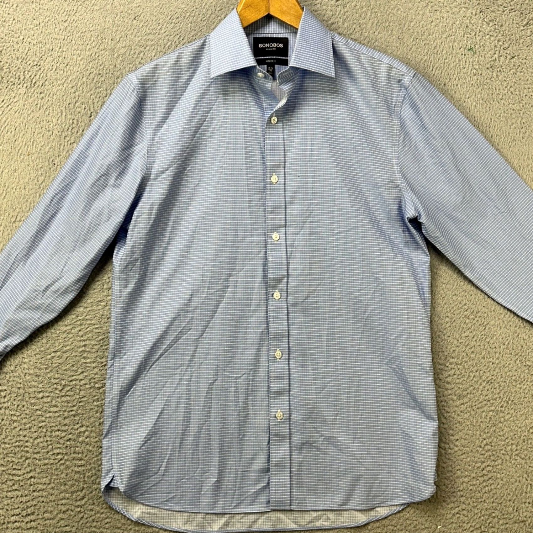 Bonobos Bonobos Shirt Dress Blue Grid Check Regular Fit Mens Long Sleeve Button Cuff Dress Shirt Size 40R - 3 Thumbnail