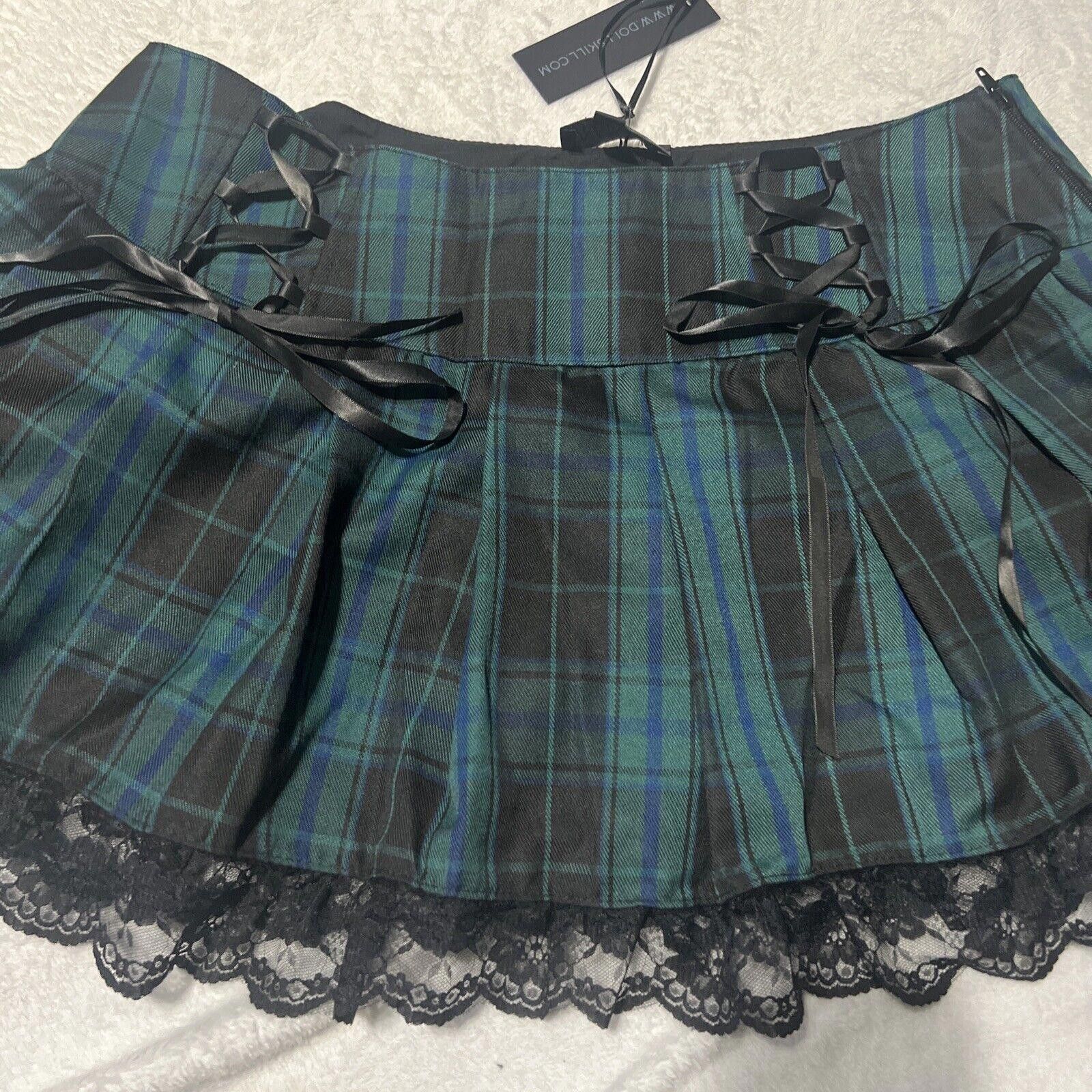 Designer XXL Plaid Widow Mini Skirt Lace Pleated Goth Teal Tartain Size 42" / US 20 - 2 Thumbnail