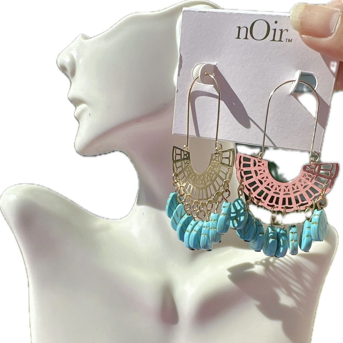 Designer Noir earrings gold tone cyan leaves drops tassels gold Size ONE SIZE - 1 Thumbnail