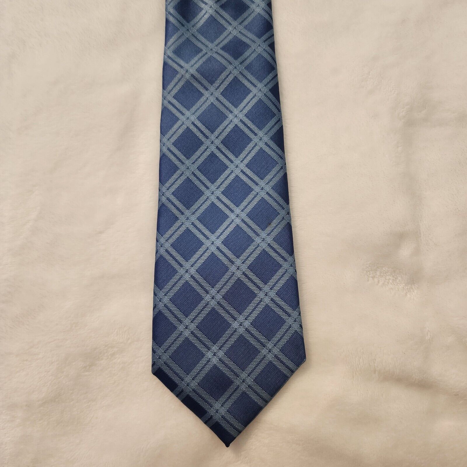 Lands' End Blue Tie with Geometric Check Stripe Standard Size Classic Size ONE SIZE - 2 Thumbnail