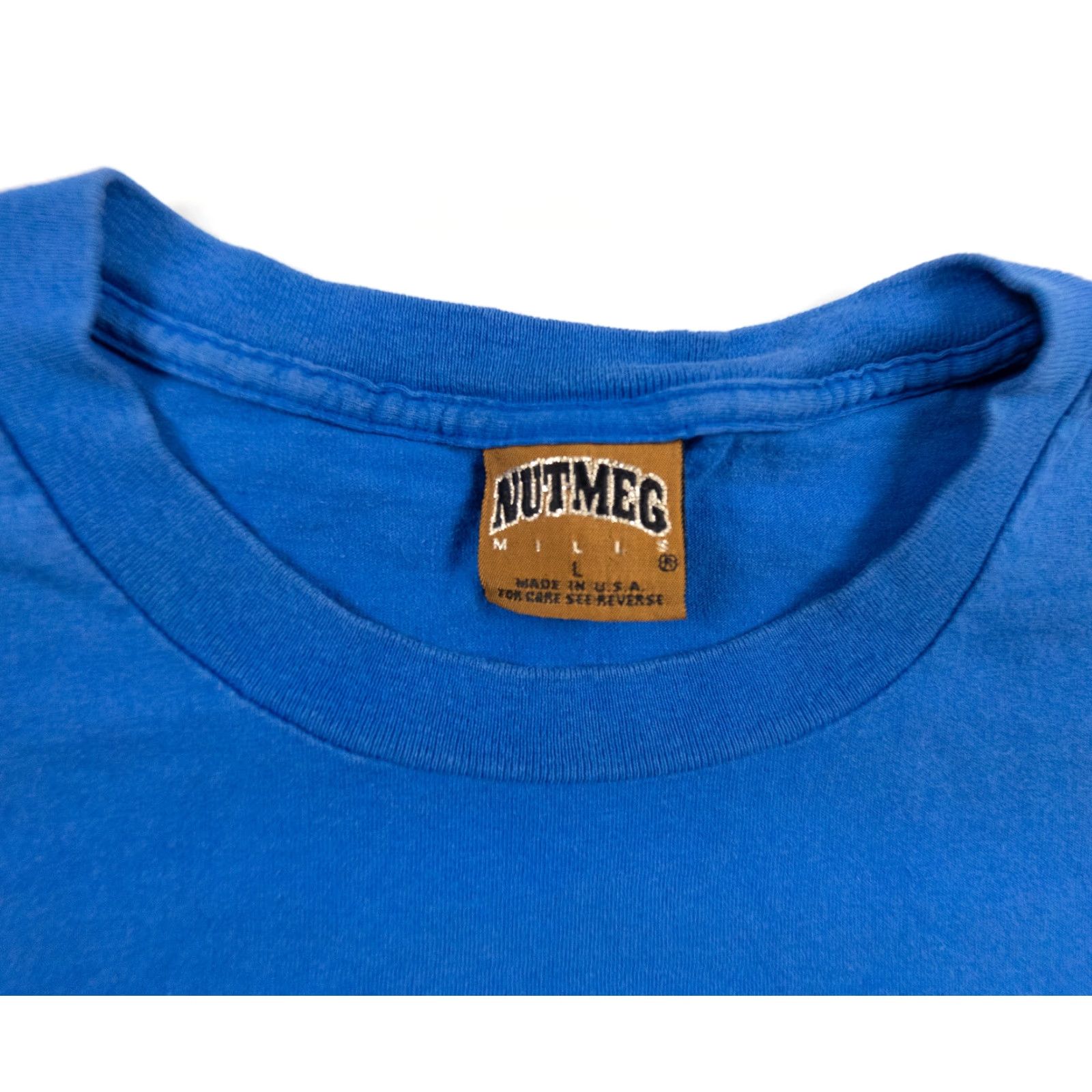 Nutmeg VINTAGE Nutmeg T-shirt Shirt Adult Large Blue Short Sleeve Knit Cotton Men Casual USA VTGLg Blue Nutmeg Shirt Mens 1960s 70s 80s Size US L / EU 52-54 / 3 - 5 Thumbnail