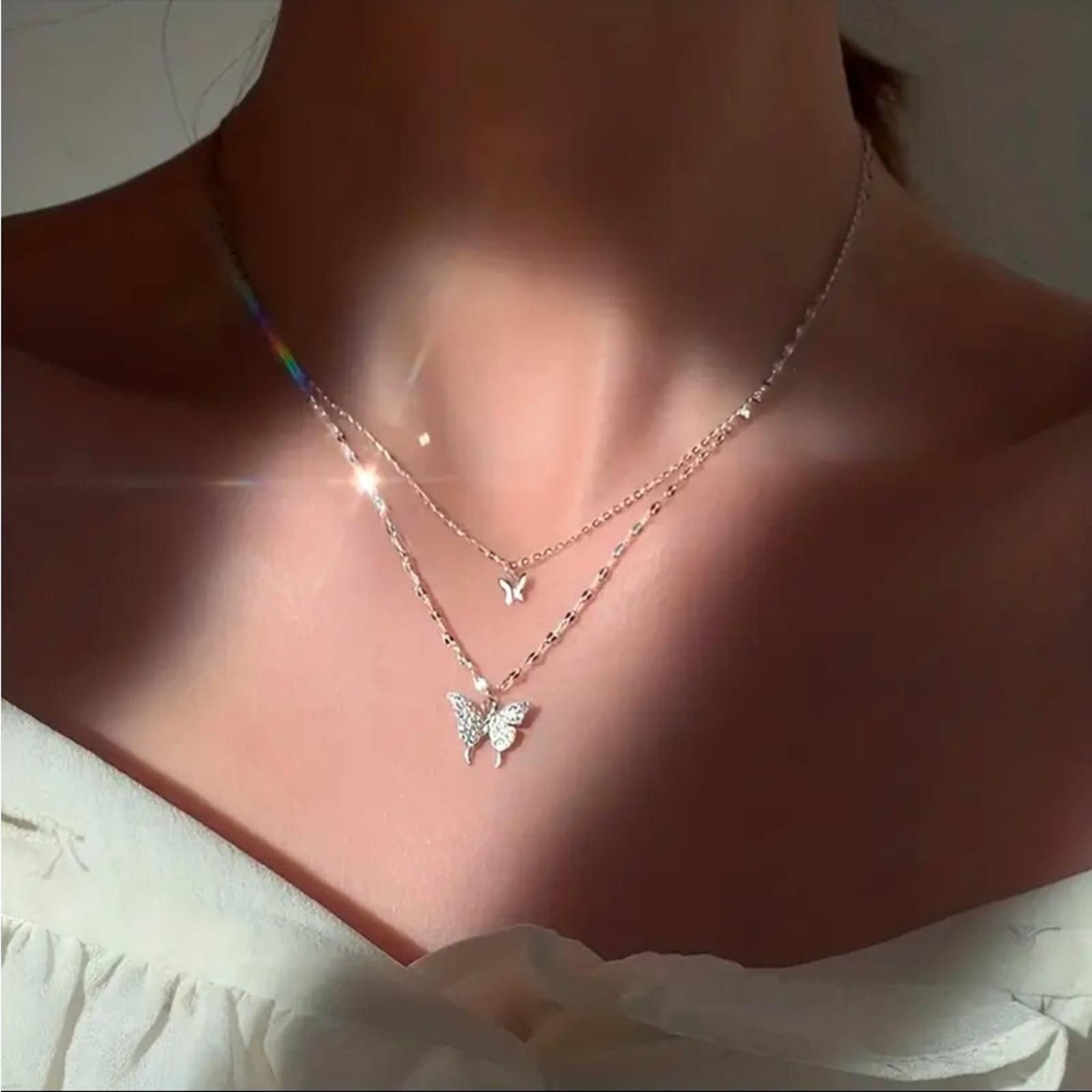 Designer Dainty Silver Plated Double Chain Butterfly Necklace NWT Size ONE SIZE - 1 Thumbnail