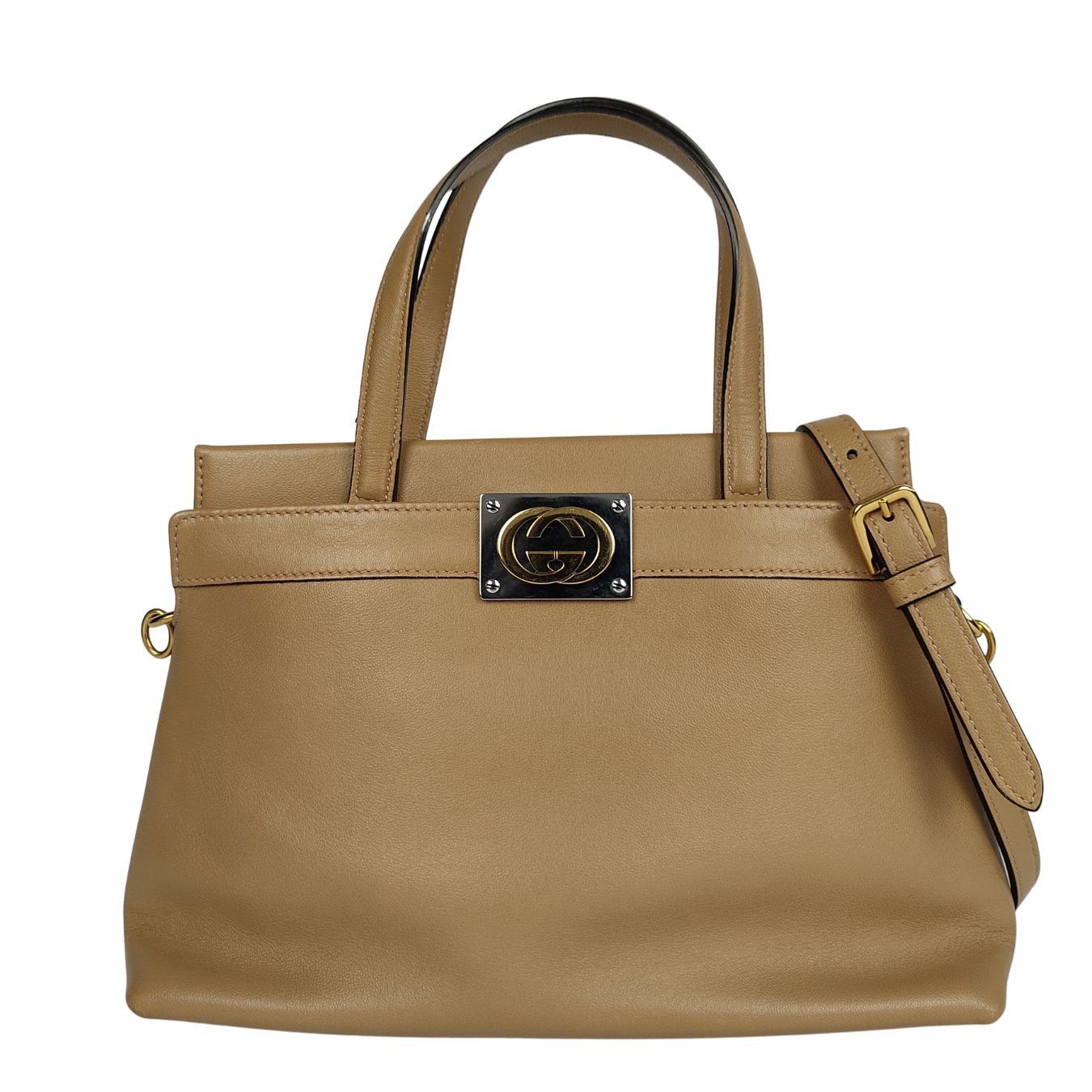 image of Gucci Gucci Gucci Beige Leather GG Tote Bag in White, Women's