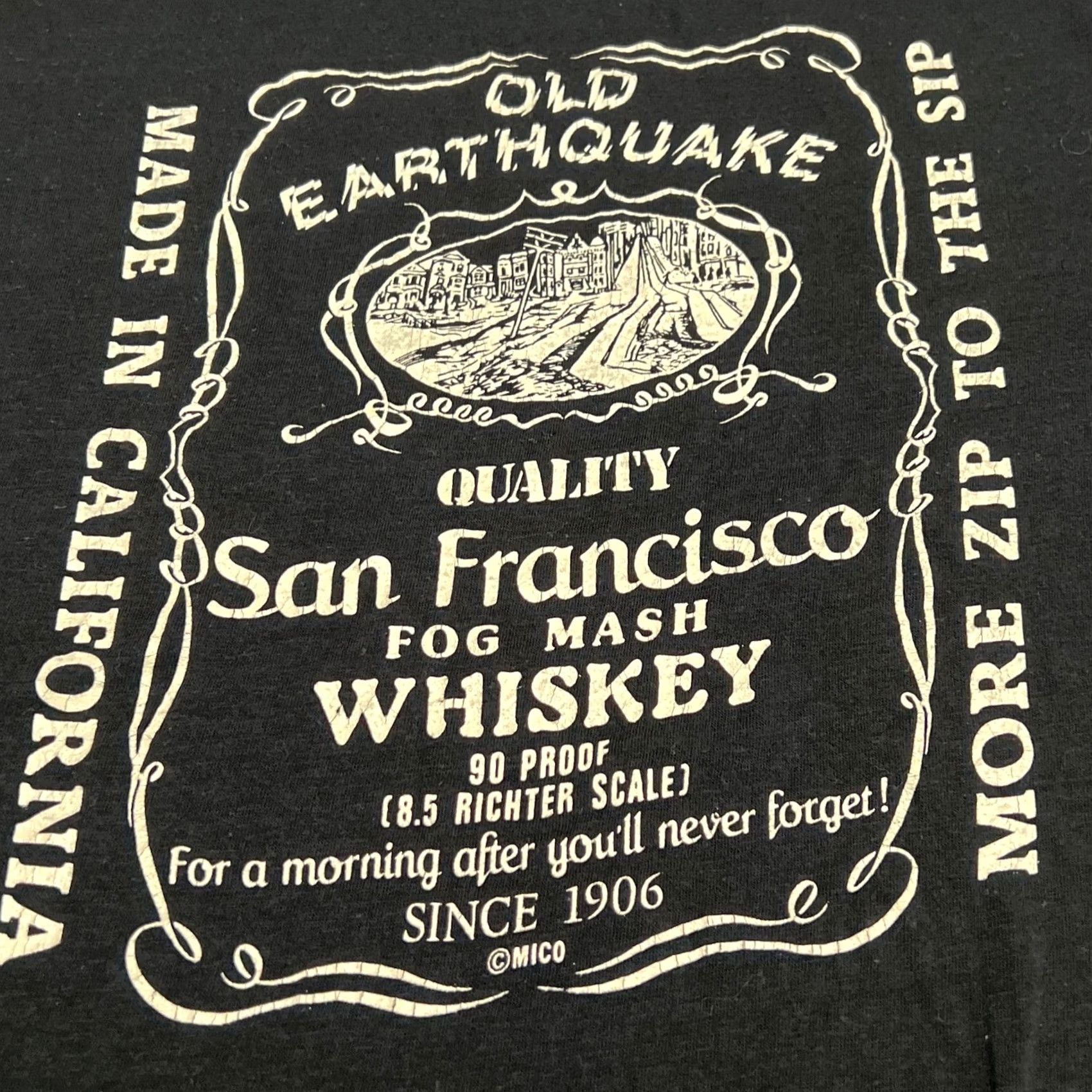 Vintage VINTAGE Old Earthquake Fog Mash Whiskey San Francisco t shirt Men Large Black Cotton 1980s Unbranded Graphic Tee Mens Size US L / EU 52-54 / 3 - 2 Thumbnail