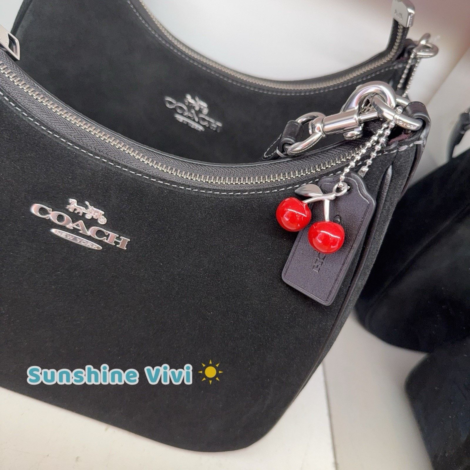 Coach NWT COACH Teri Hobo Bag Cherry Charm CCZ88 🍒Silver Black Size ONE SIZE - 7 Thumbnail