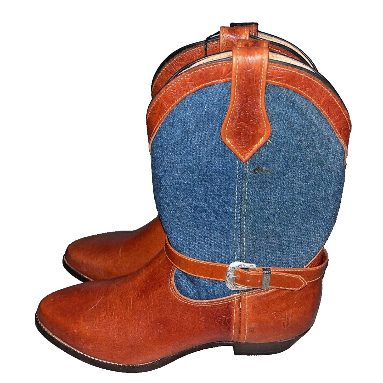 Frye Frye Cowboy Boots Denim Leather Silver Buckles Vintage Sz 8 Size US 6 / IT 36 - 8 Thumbnail