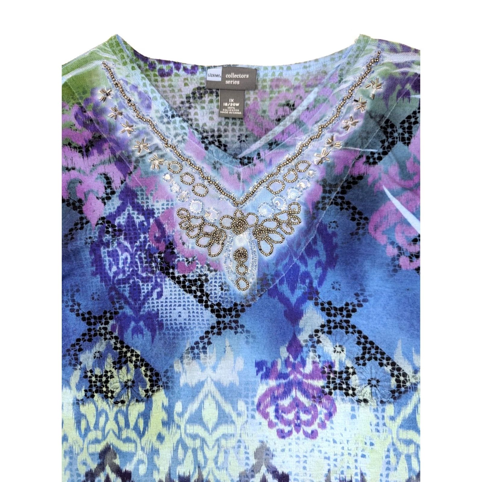 Vintage Liz & Me Blouse Shirt Womens 1X Plus Size Blue Beads Stones Knit V-Neck Short Sleeve Abstract Pattern Lightweight Casual Workwear Summer Fall Spring Size XL / US 12-14 / IT 48-50 - 2 Thumbnail