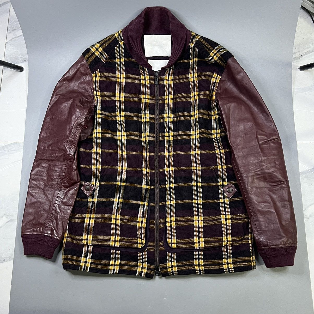 White Mountaineering Leather Plaid Wool Jacket