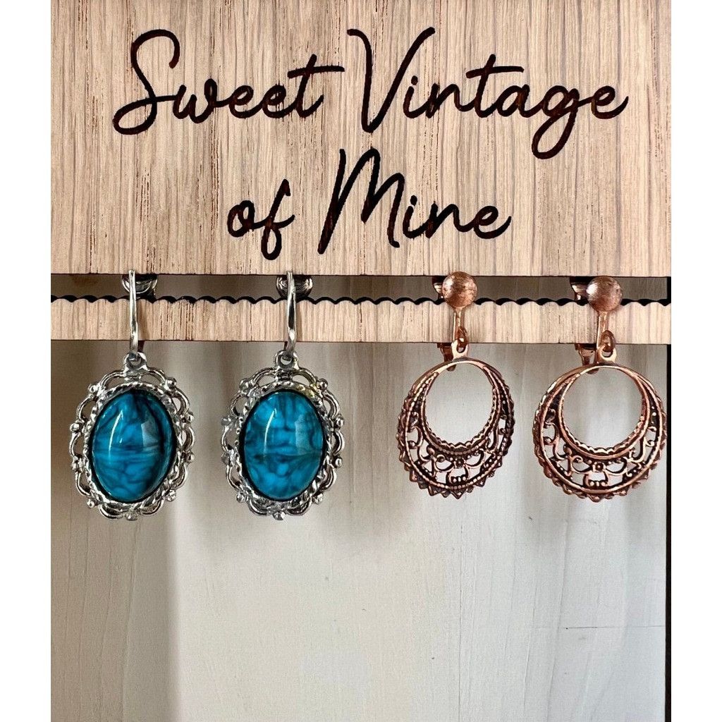Vintage 2 Pair 1990s Vtg Earrings Silver Turquoise + Copper Hoops Size ONE SIZE - 2 Thumbnail