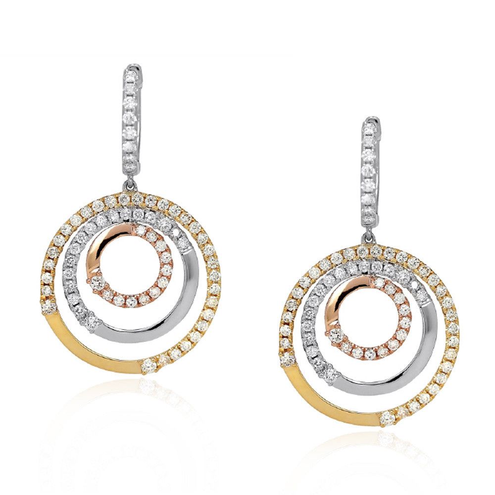 image of Diamond Concentric Circle Earrings In 18K Three Tone Gold (2.83 Ctw), Women's
