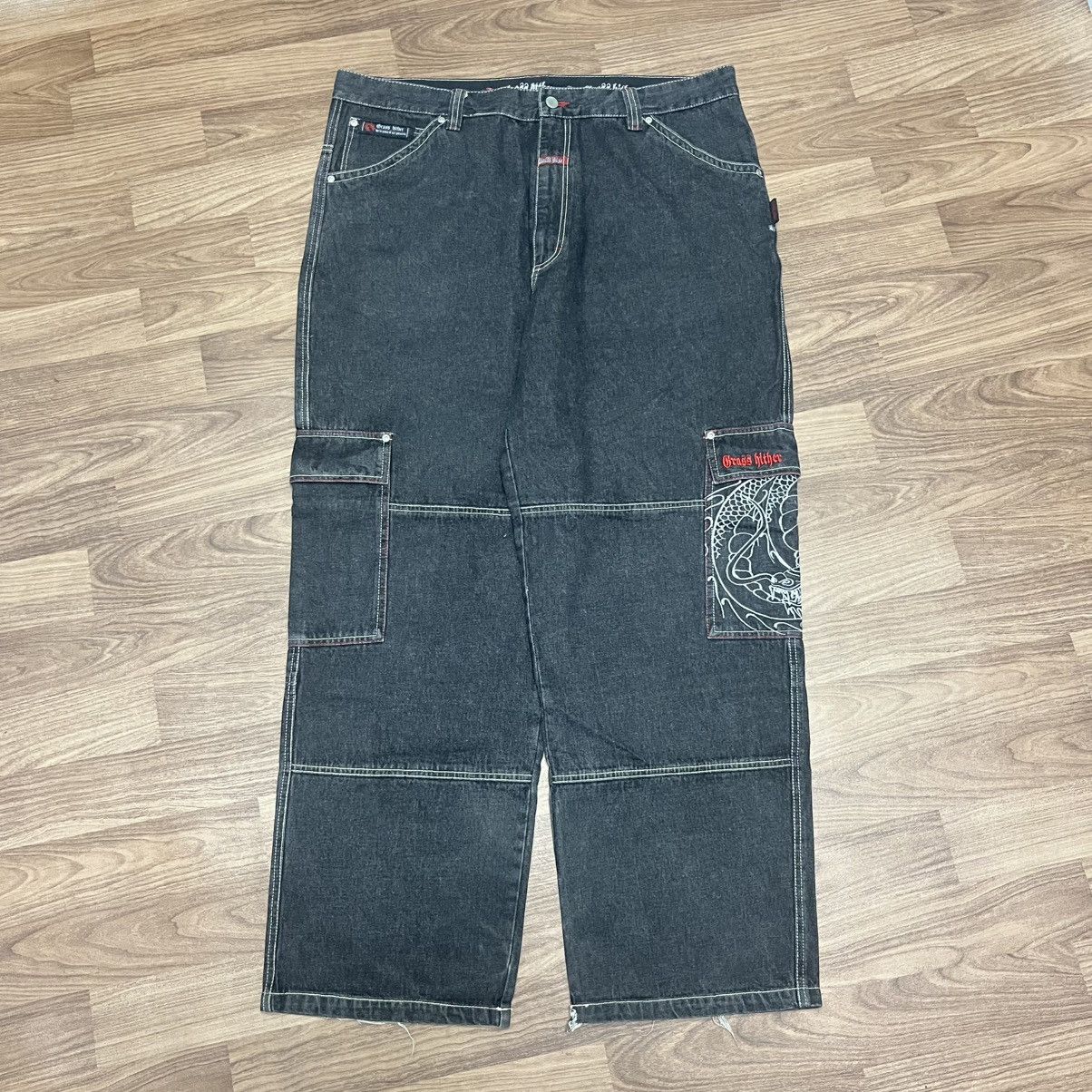 Other Vintage 90s Grass Hither Embroidery Baggy Cargo Black Size US 42 / EU 58 - 1 Thumbnail