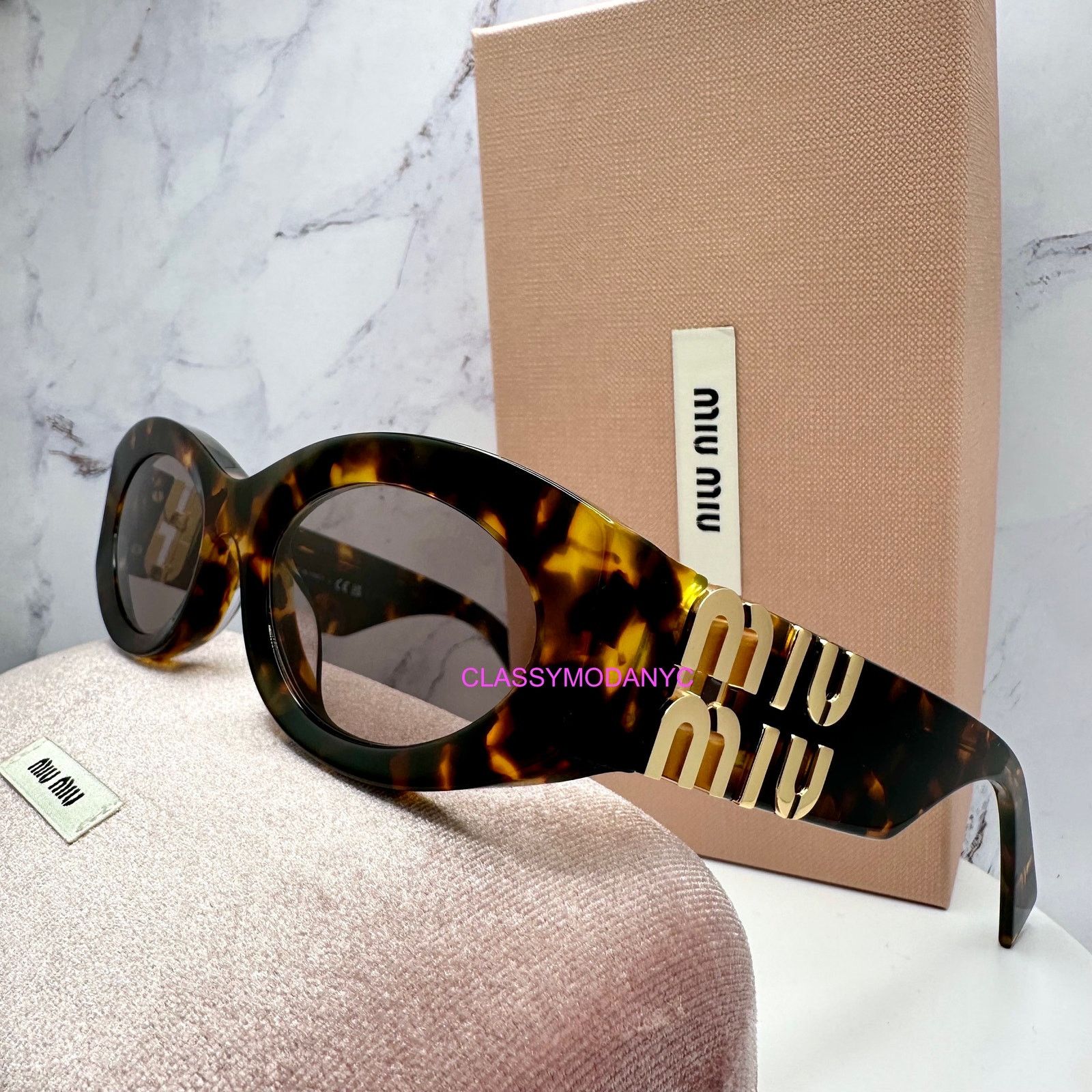 Miu Miu New MIU MIU Sunglasses Brown Tortoise Shell Oval Gold Logo Size ONE SIZE - 14 Thumbnail
