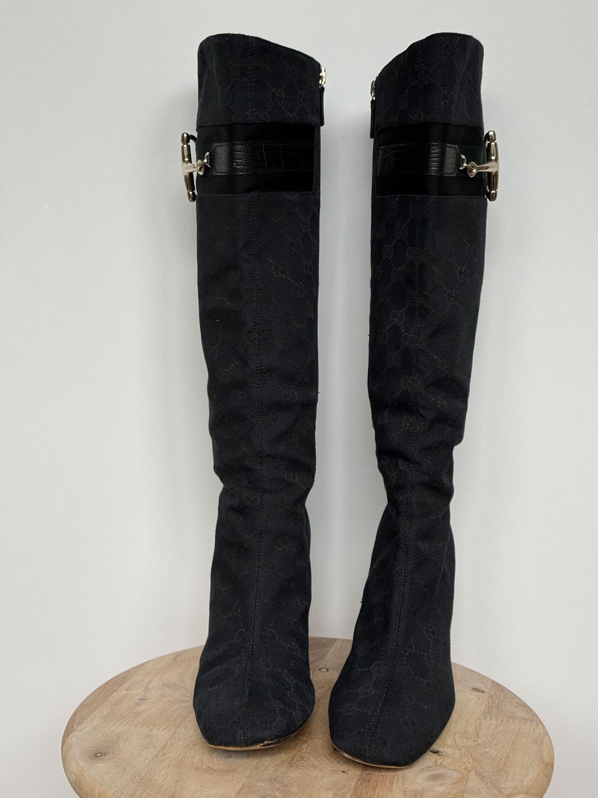 Gucci Gucci Black Canvas Monogram GG Horsebit Riding Boots Size US 10 / IT 40 - 4 Thumbnail