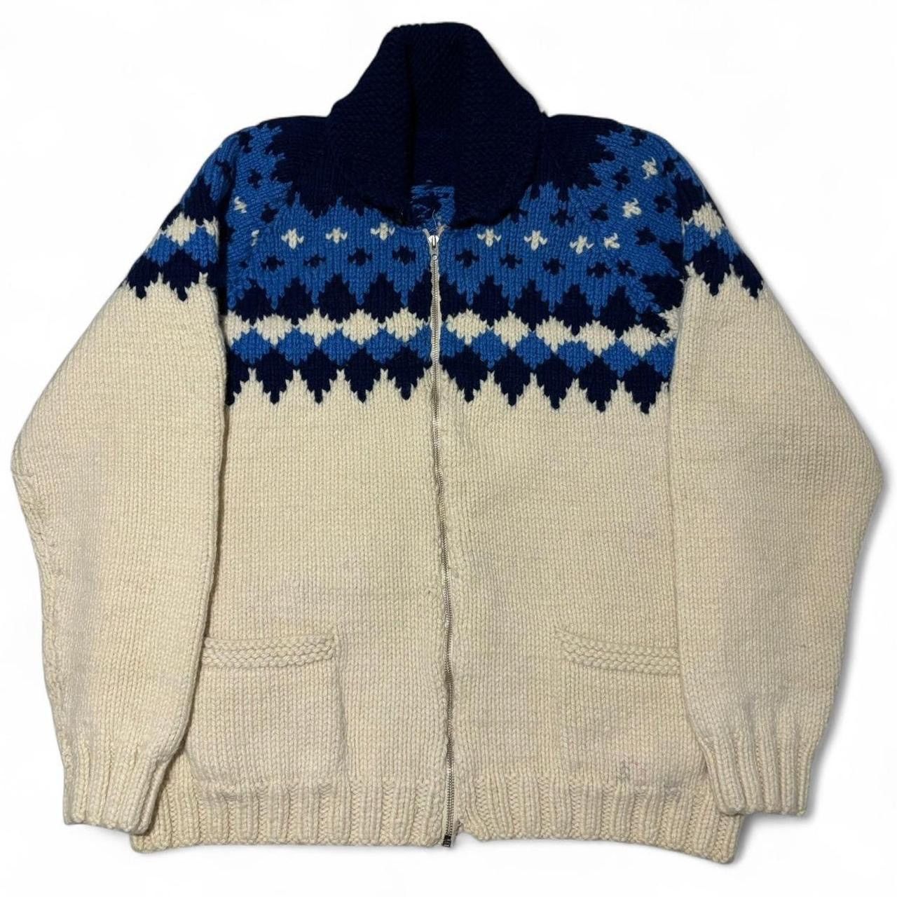 Handmade × Vintage Vintage 60s Patterned Navy Blue Cream Wool Cowichan Sweater Size US XL / EU 56 / 4 - 1 Thumbnail