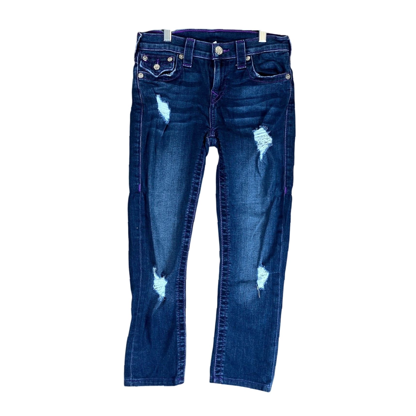 True Religion True Religion Womens Jeans Capri Blue Denim Distress Stretch Purple Stitching 26 Size 26" / US 2 / IT 38 - 2 Thumbnail