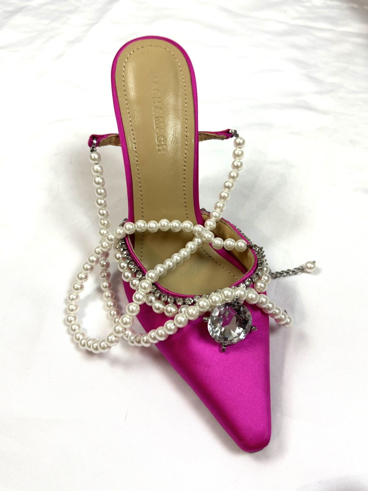 MACH & MACH Crystal Embellished Leather / Satin Pumps Pearl Lace Ties 38 Size US 7 / IT 37 - 3 Thumbnail
