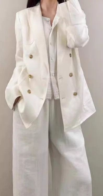 Max Mara MaxMara White Linen Double-Breasted Suit Jacket 40 Size S / US 4 / IT 40 - 6 Thumbnail