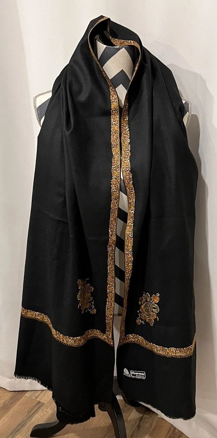 Other Wool Woolmark Bordered Sozni Hand Embroidered Black Wrap Size ONE SIZE - 3 Thumbnail