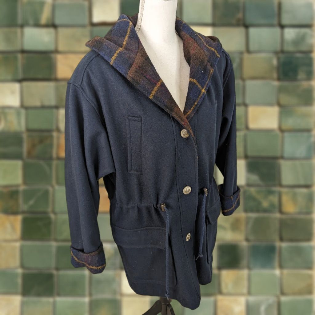 Vintage VINTAGE Jofeld Blue Plaid Hooded Wool Coat Jacket Medium Parka Relaxed Fit Womens Coat Size M / US 6-8 / IT 42-44 - 1 Thumbnail
