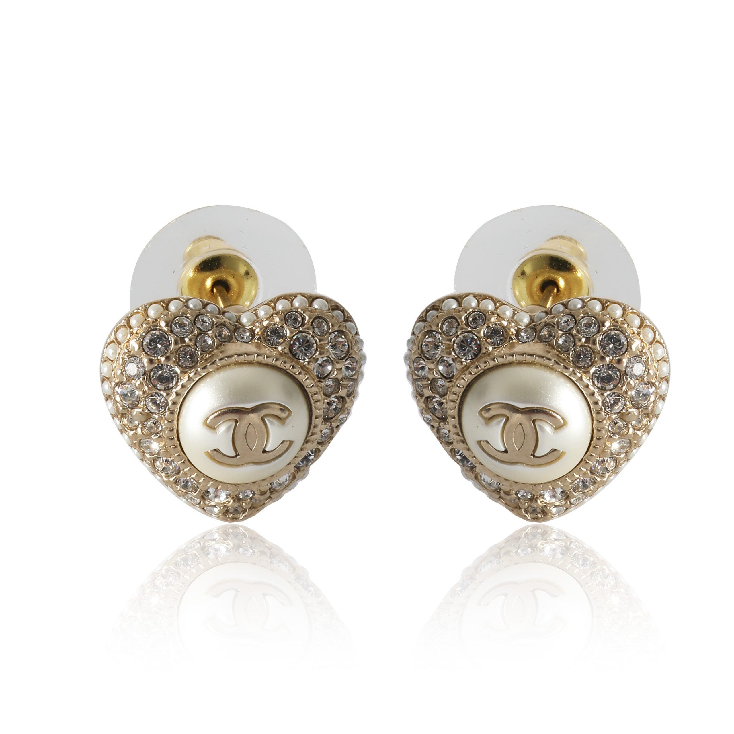 Chanel Chanel Gold Plated Heart Stud CC Earrings Size ONE SIZE - 1 Thumbnail