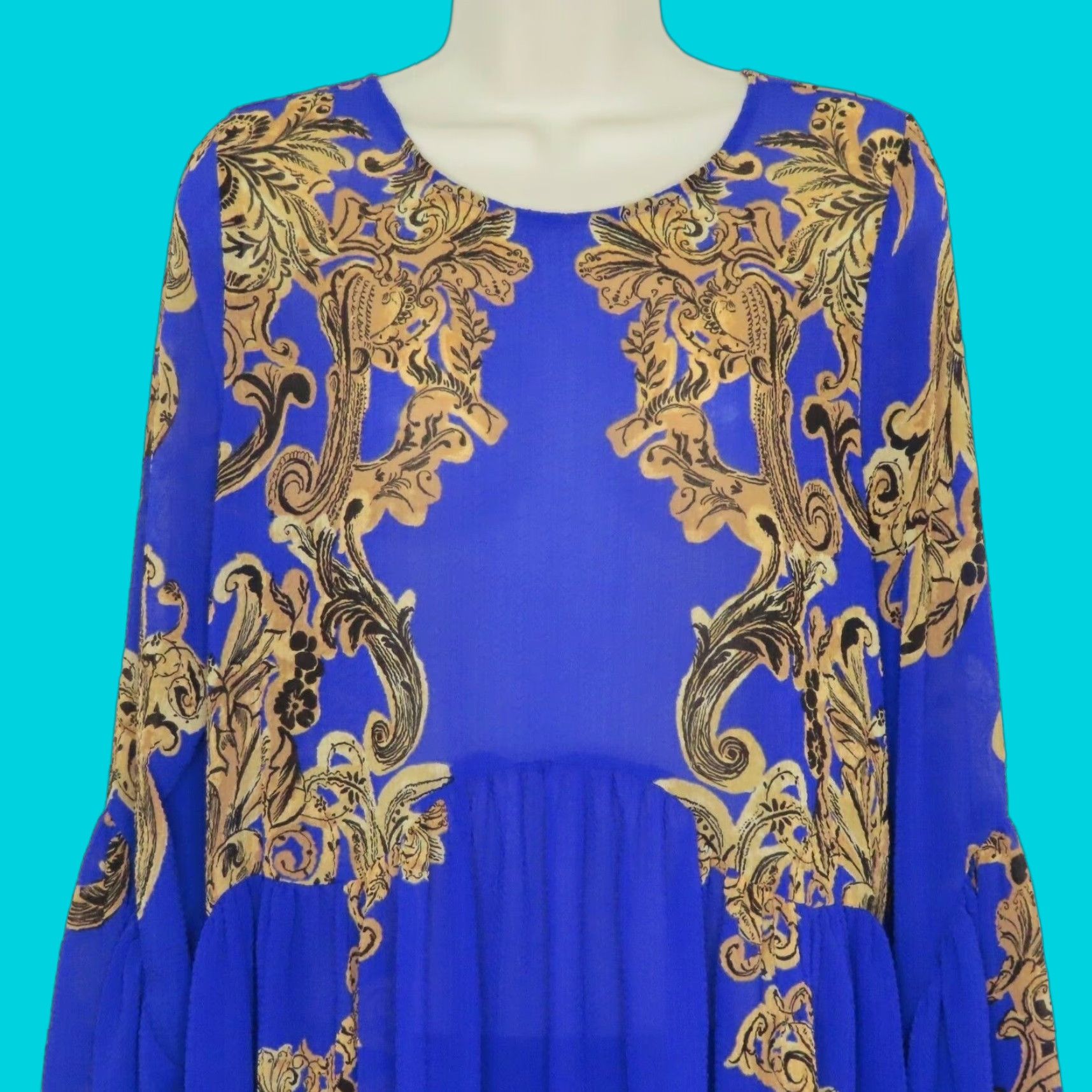 Free People Free People Women Small Symphony Slip Dress OB721476 Blue Gold Scroll Size S / US 4 / IT 40 - 1 Thumbnail