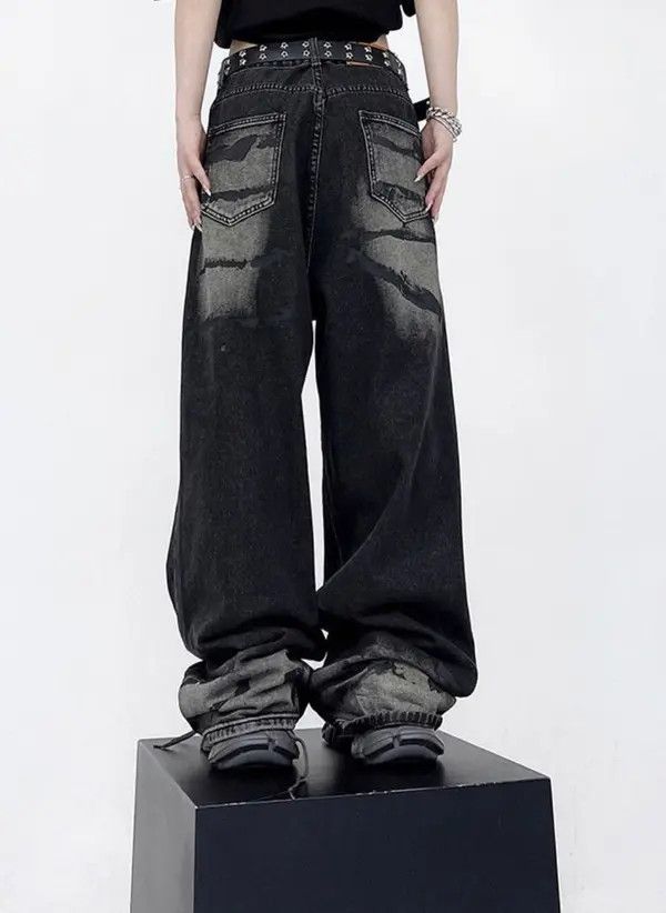 VIBE Vintage Unisex Black Tie Dye Graffiti Pattern Jean Size US 30 / EU 46 - 4 Thumbnail