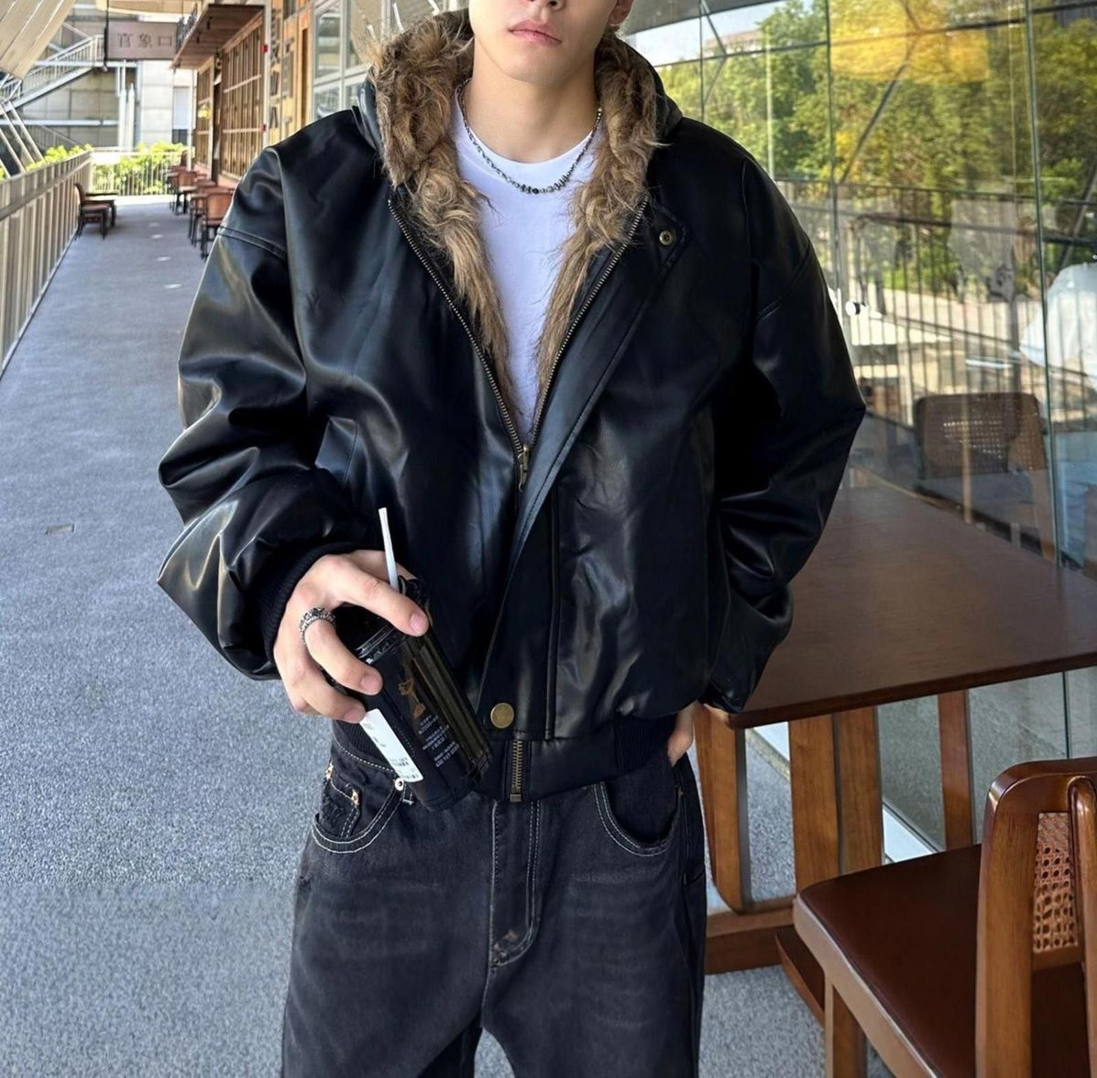 Leather Black Faux Leather Bomber Jacket with Faux Fur Lining Size US L / EU 52-54 / 3 - 3 Thumbnail
