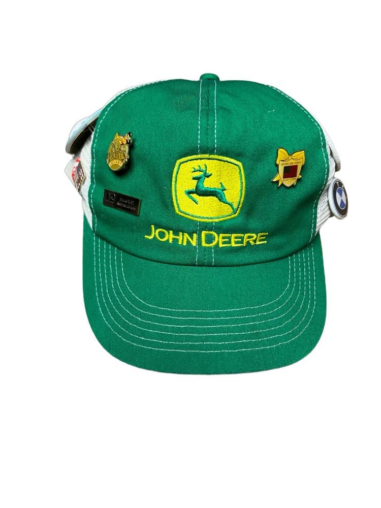 Vintage John Deere Green + White 6 Panel Snapback Hat w Pins